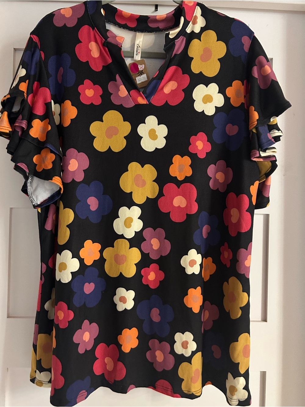 NWT 1X “Celeste” Navy Floral Ruffle Sleeve Women’s Top